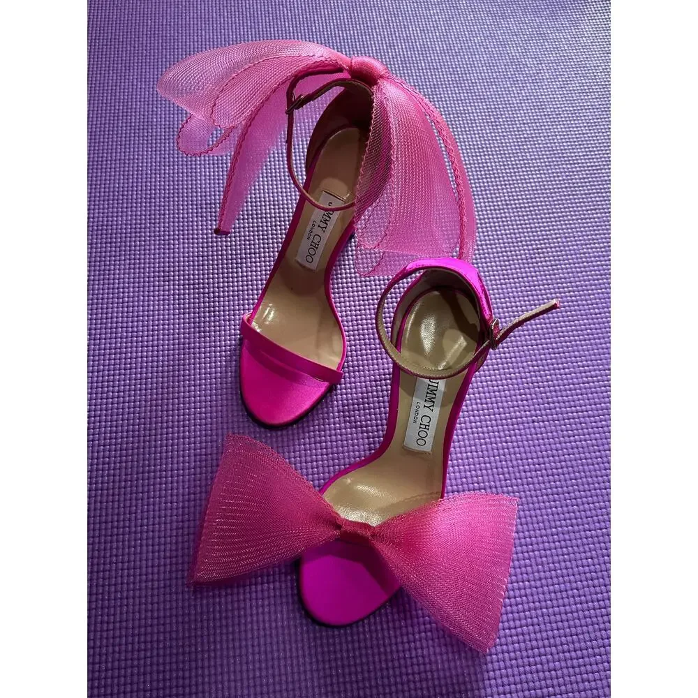 New $995 Jimmy Choo Aveline 100 Fuchsia Bow Sandals Womens Shoes Size 37 Heels